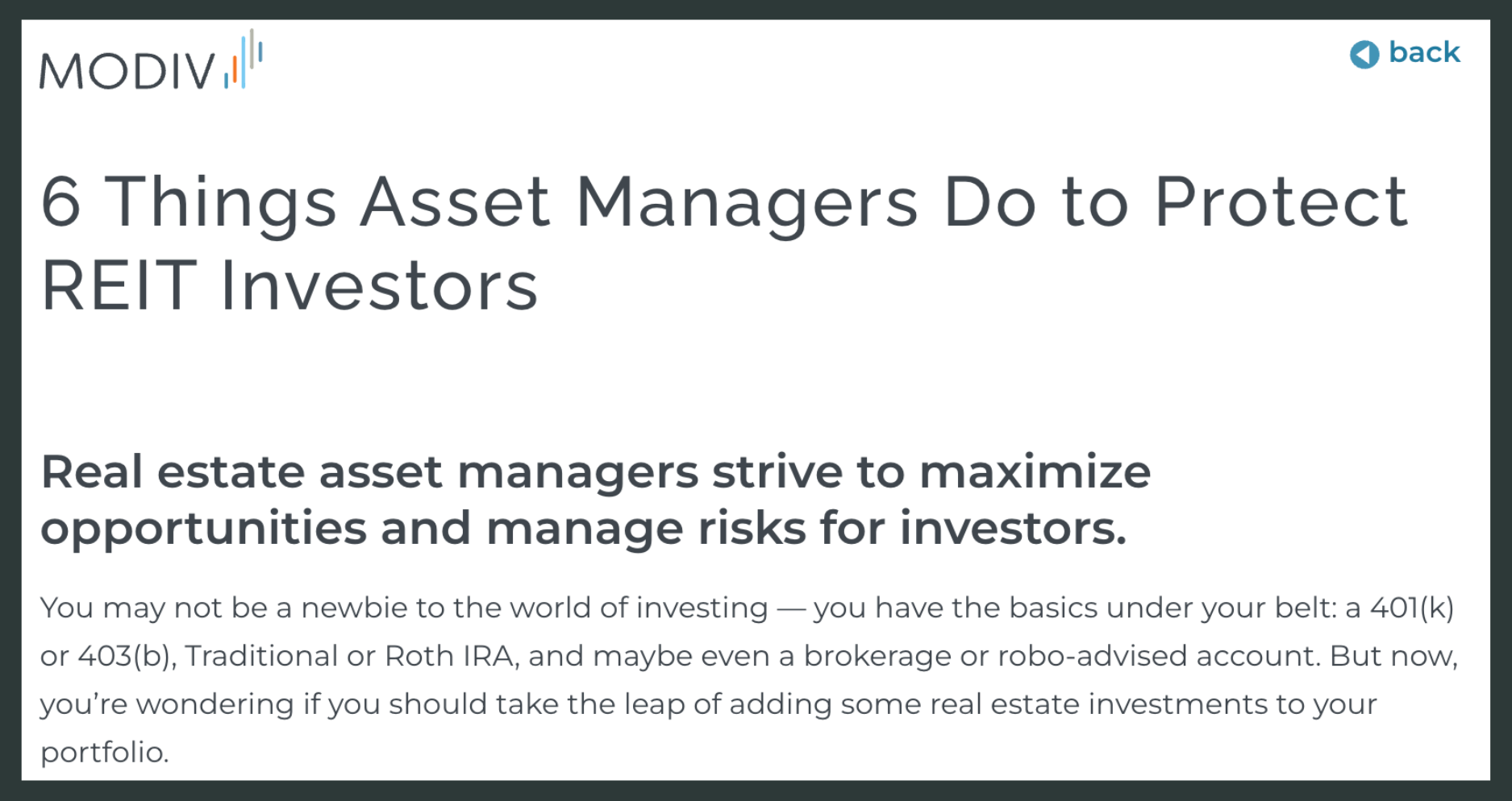 Modiv Ad - 6 Things Asset Mangers Do to Protec REIT Investors