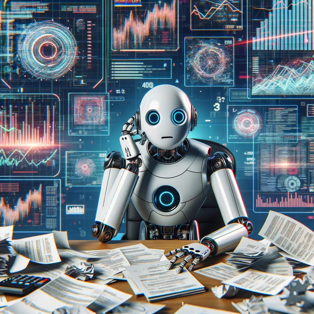 DALL·E 2024-02-27 14.07.49 - A futuristic robot sitting at a desk, surrounded by scattered papers and digital screens displaying graphs and numbers in disarray. The robot has a co
